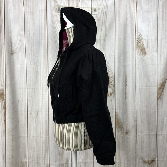 Forever 21 Cropped Jacket Hooded Lined Coat Drawstring Suede Black Size Small - Picture 2 of 16